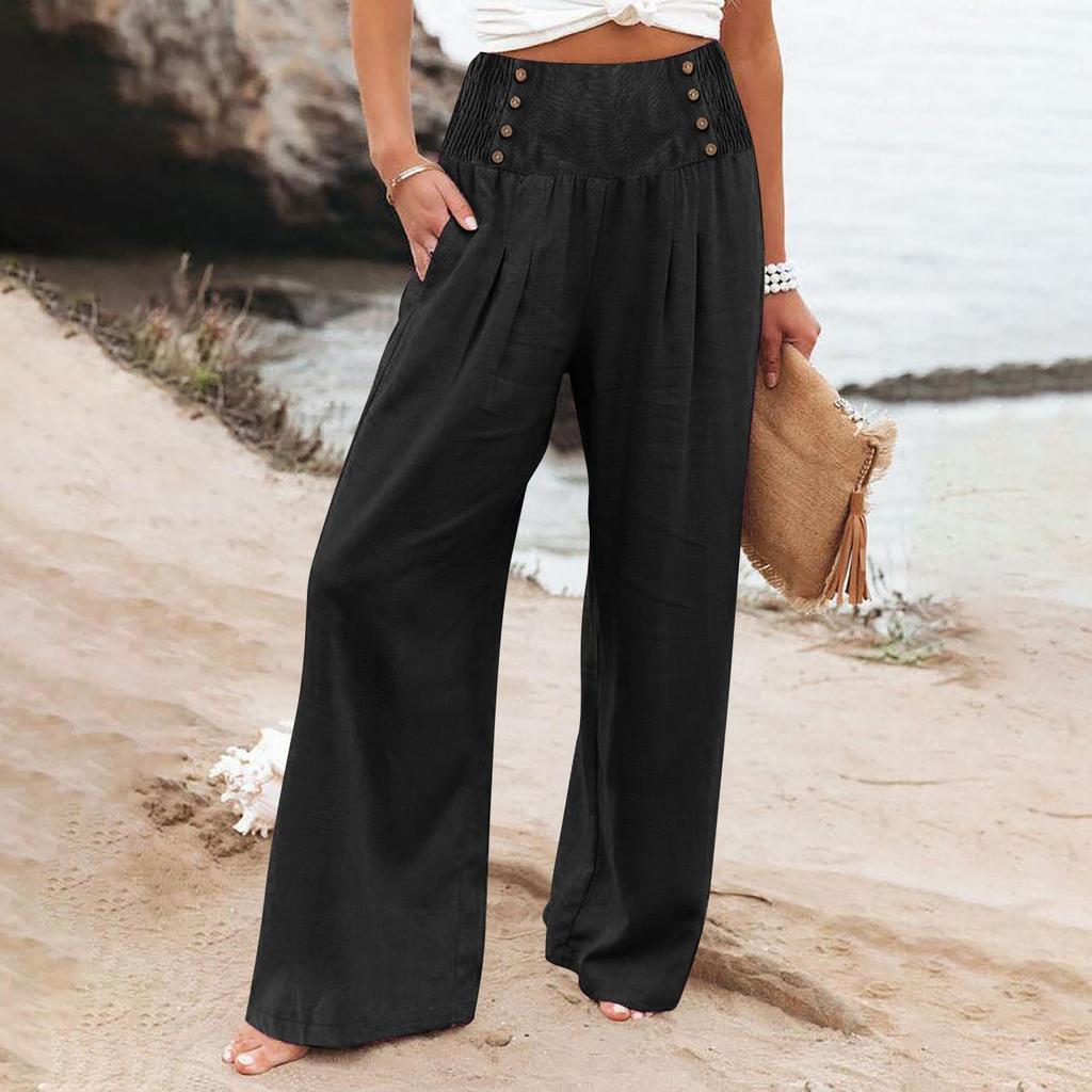 Summer Cotton Linen Wide Leg Pants Women Loose Palazzo Pant Pocket Elastic Waist Button Casual Pants