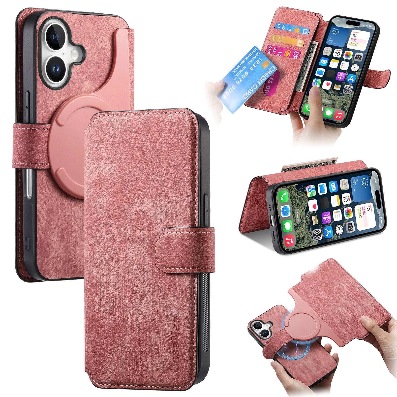 

For iPhone 16 Magnetic Case CASENEO Detachable Leather Phone Wallet Cover Pink