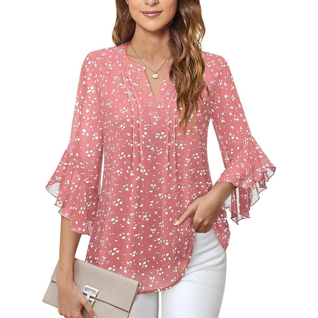 My Garderobe Authorization Damenblusen Chiffon Rüschen Kurzarm V-Ausschnitt Business Casual Tops Sommer süßes Hemd