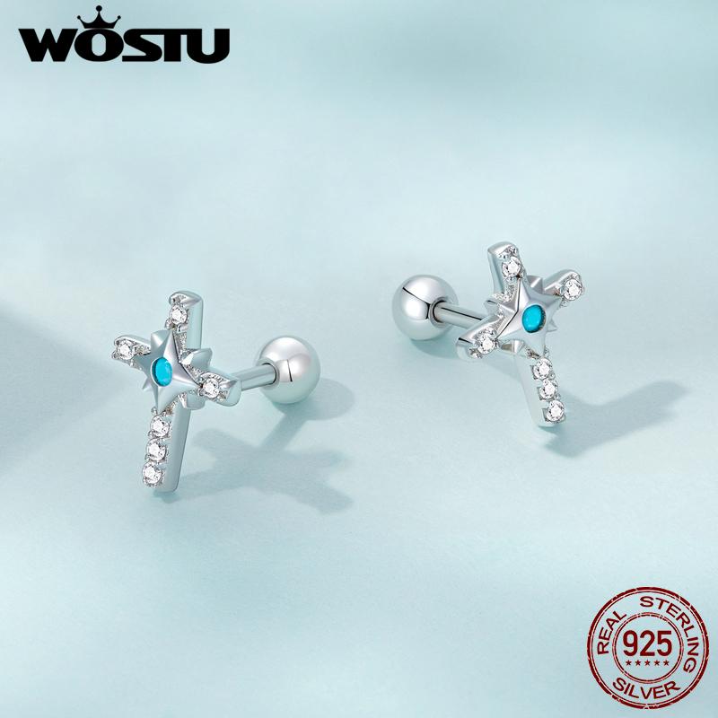 WOSTU Authentic 925 Sterling Silver Bright Cross Stud Earrings for Women Fine Turquoise Jewelry Wedding Aniversary Gift