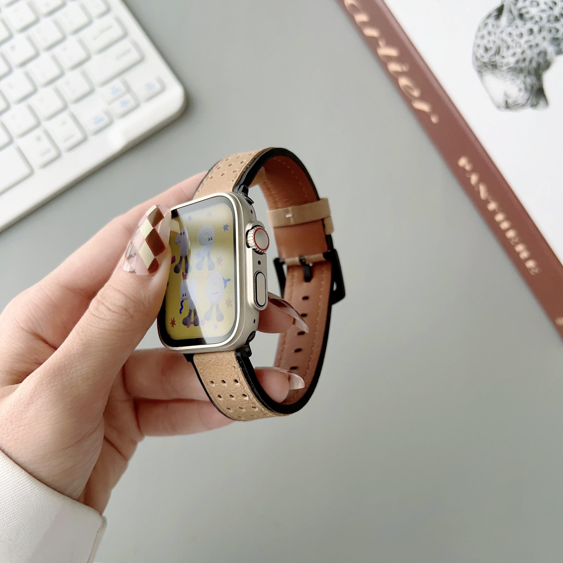 

For Apple Watch Series 10 46mm/Ultra 2 Ultra 49mm/Series 9 8 7 45mm/6 5 4 SE (2023) SE (2022) SE 44mm/3 2 1 42mm Top Layer Cowhide Watch Strap Light Yellow