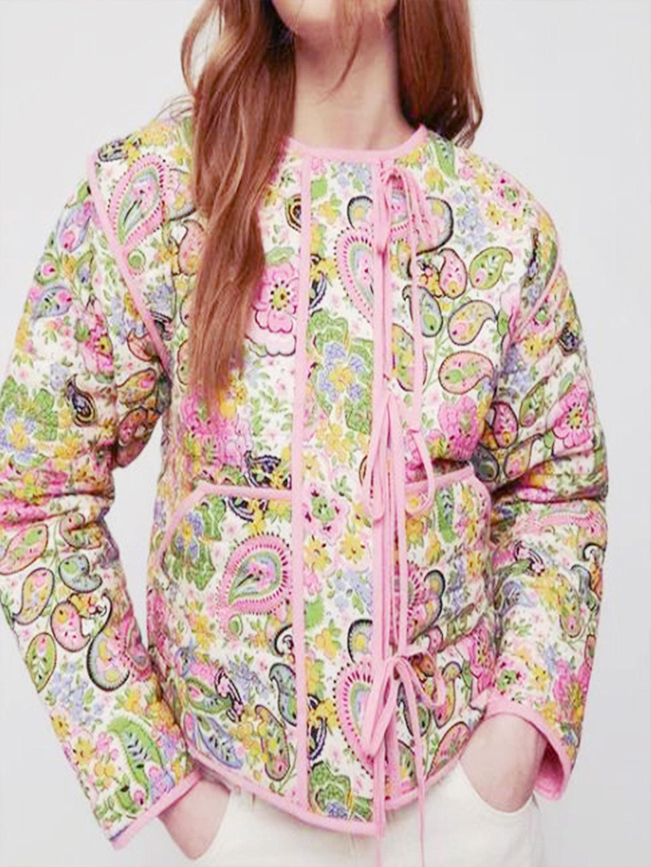 

2024 Фиолетовый цветочный кардиган на шнуровке: Европейский и американский стиль осень/зима XL розовый