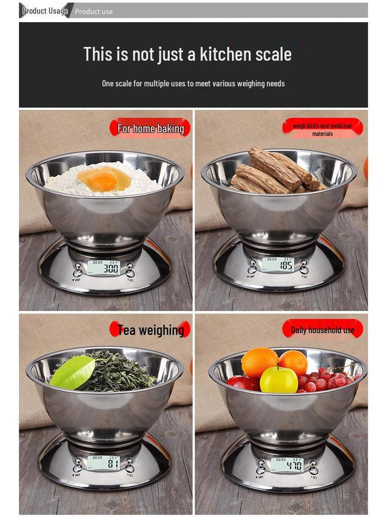 Stainless Steel Kitchen Scale with Bowl, 5kg/1g, 0.1g Precision Baking & Food Table Scale.