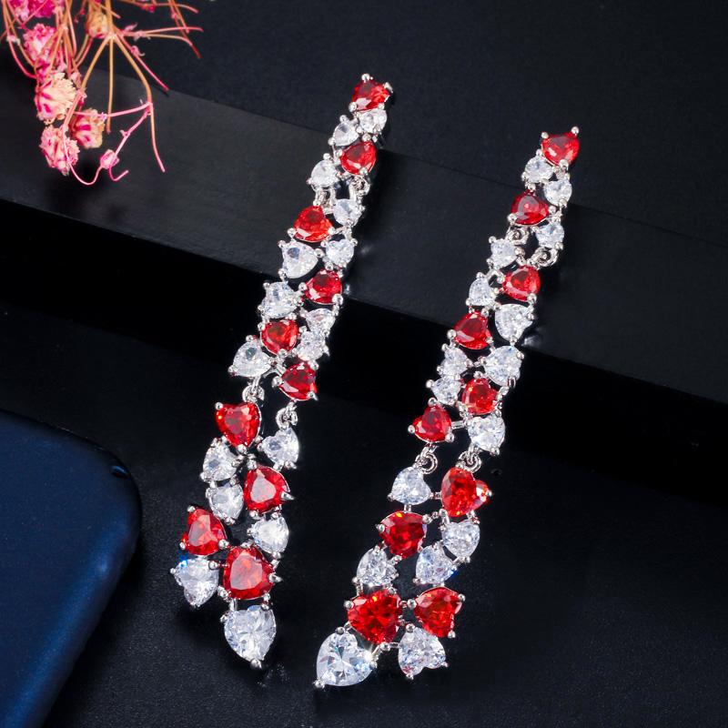 CMM Unique Love Heart Cut Sparkly Red Cubic Zirconia Long Dangle Drop Earrings for Women Jewelry Gift