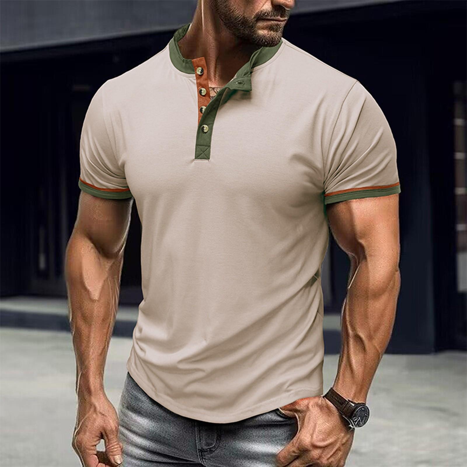 

Men s Summer Matching Color Outdoor Round Neck Open Tube Short Sleeve Bottoming T-Shirt Top S бежевый