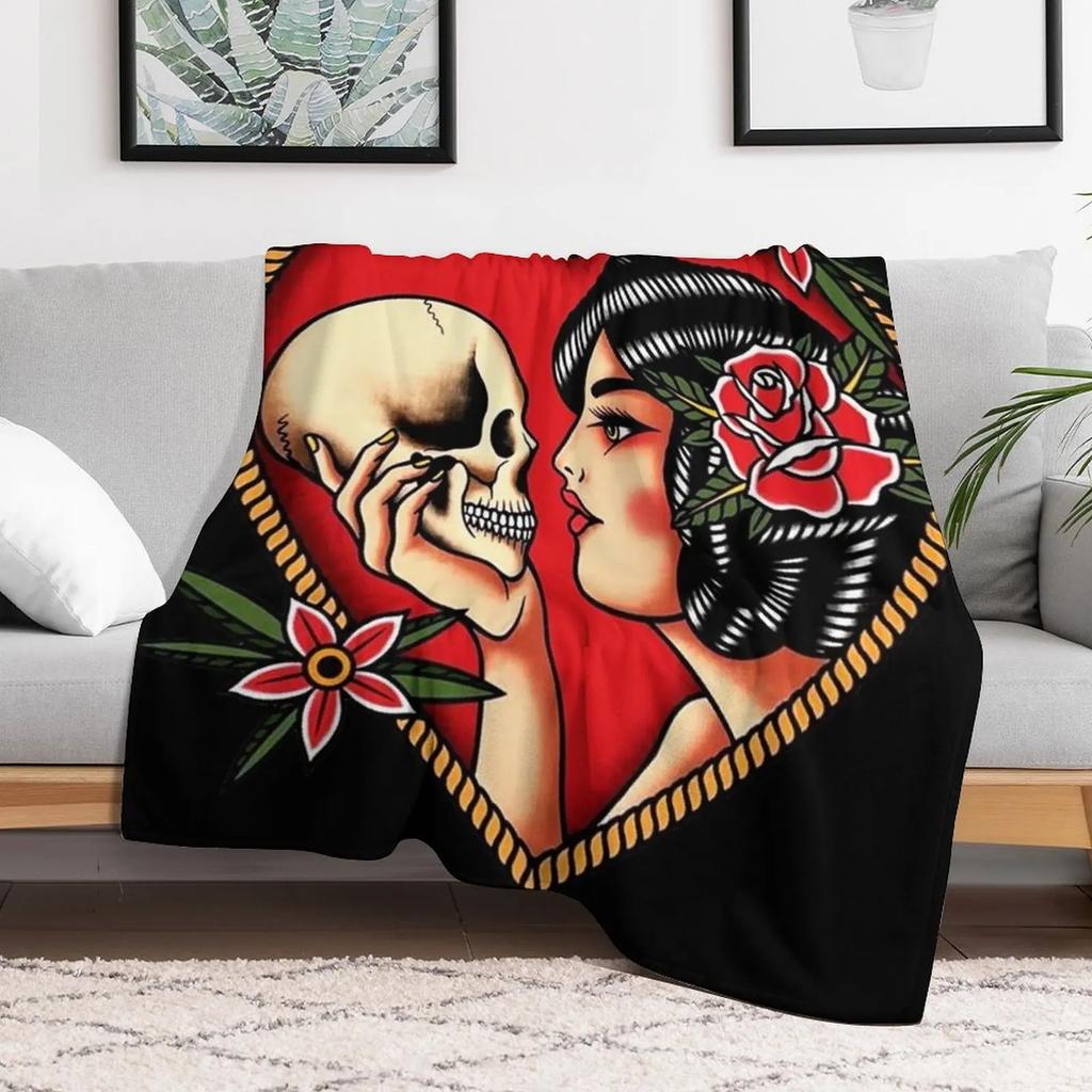 Traditional Beautiful Flapper in Heart Holding Skull Tattoo Throw Blanket Anti Shedding Soft Fuzzy Blanket for Home