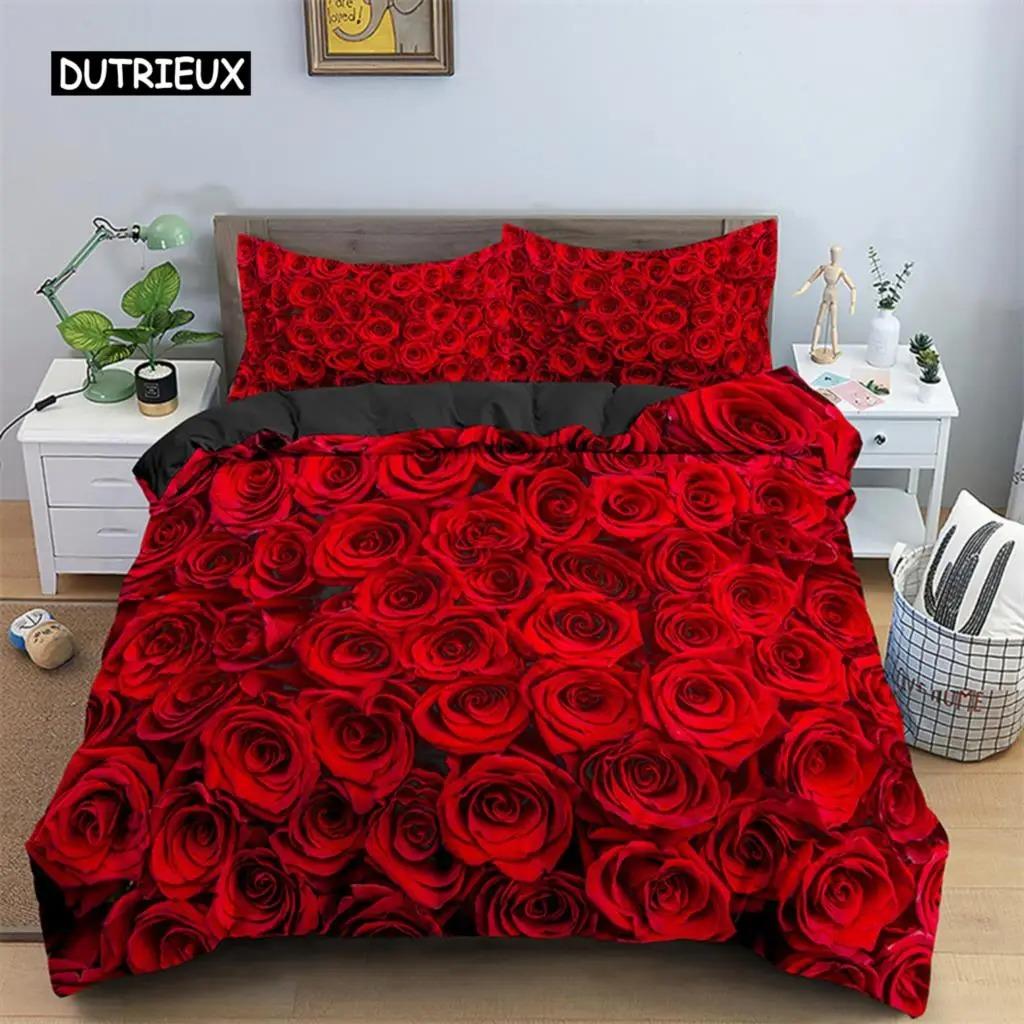Rose Duvet Cover Set Microfiber Pink Heart Rose Romantic Flower Theme Bedding Set For Lovers Double Queen King Size Quilt Cover