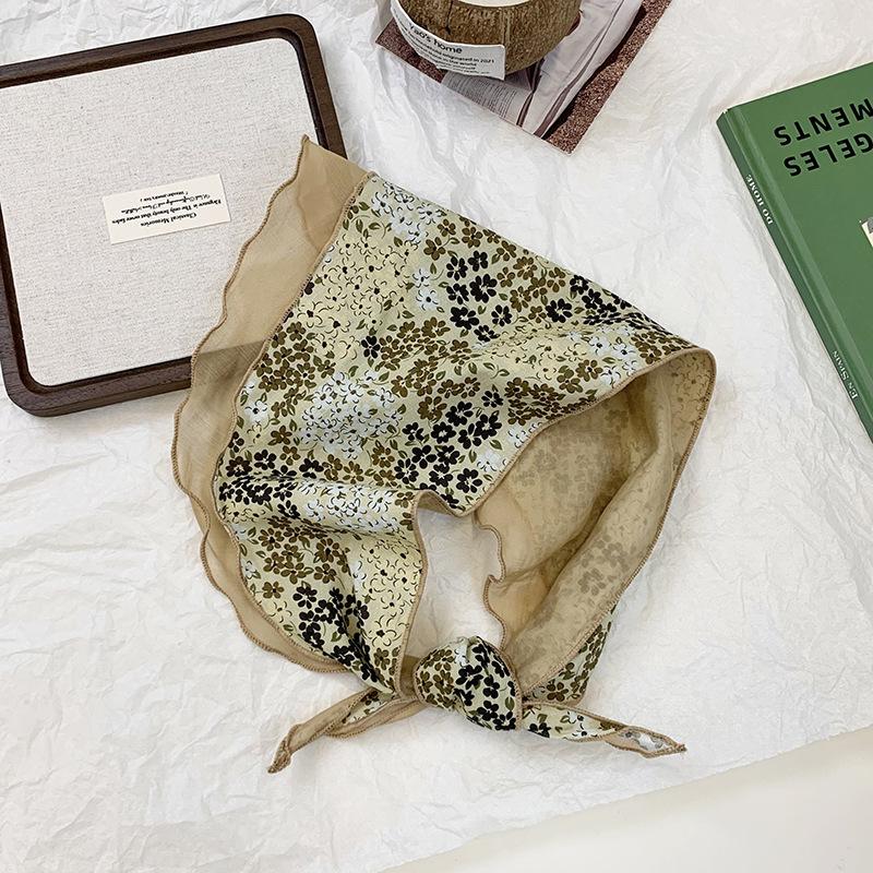 Triangle scarf, headscarf, summer women's pastoral new double-layer breathable floral small silk scarf, headband, tied hair streamer