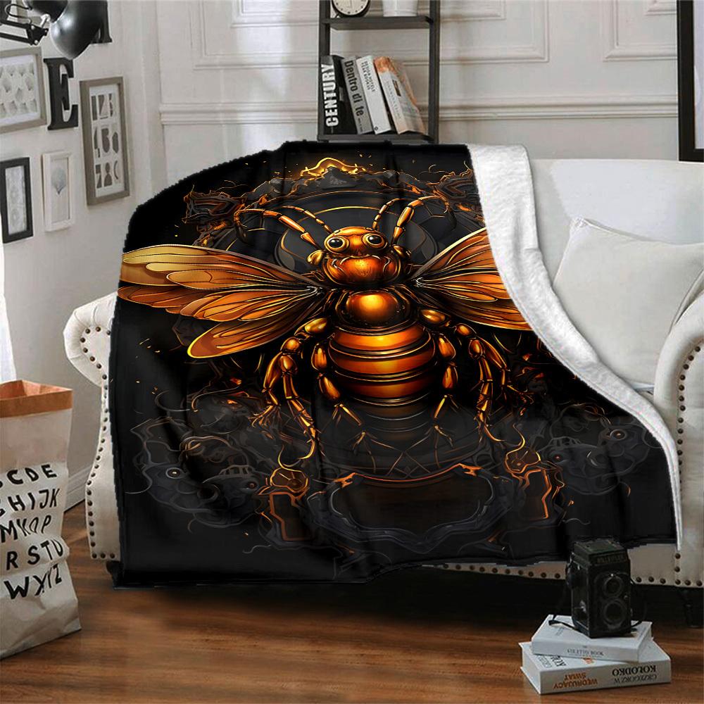 1pc Golden Bee Emblem Blanket Lightweight Flannel Blanket Throw Blanket For Sofa, Bed, Travel, Camping, Livingroom, Office Yy251015175