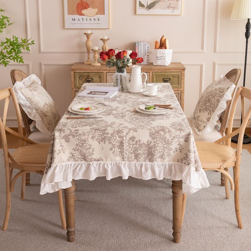 French Polyester Printed Plant Flower Pleated Lotus Leaf Fungus Edge Rectangular Coffee Table Tablecloth Dining Table Cloth