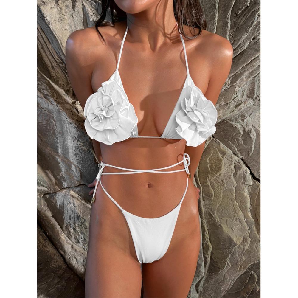 

Европейский и американский однотонный бикини сексуальный трехмерный цветочный разрез женский купальник L