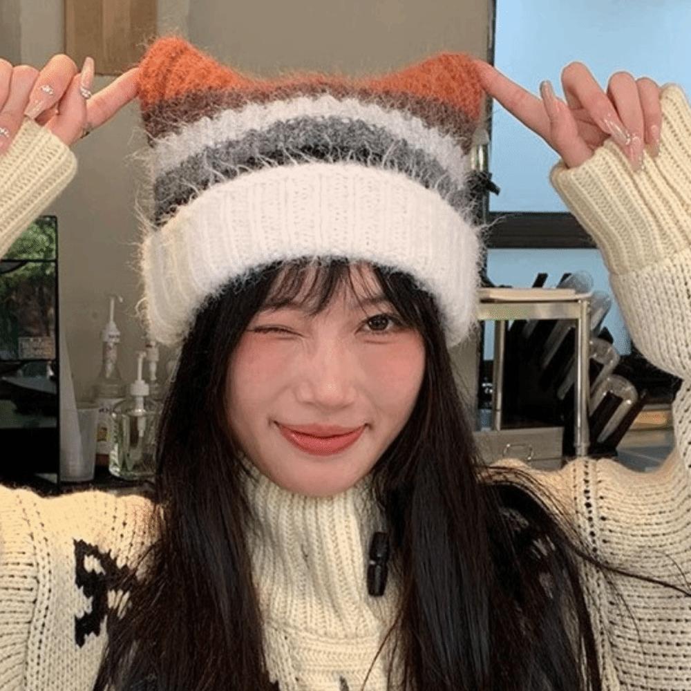 Rainbow Cat Ears Pullover Hat Gradient Women Beanie Hat Sweet Striped Bucket Hat Ladies