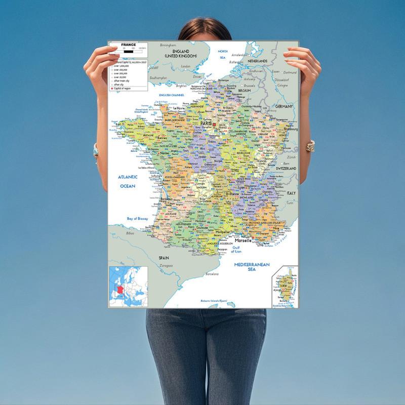 Verwaltungskarte-Englisch-Frankreichkarte,Kunstdruckposter für Zuhause,Klassenzimmer,Innen/Außen,Lehrposter,Reisewerkzeug,Ungerahmt