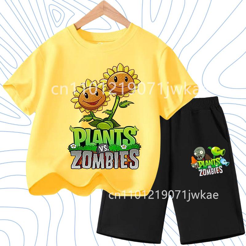 Kids Street Fashion Boys Girls T Shirt Set Plants Vs Zombies Cute Print 2026 Summer Casual Daily Wear 3-12 Age Shirt Suit