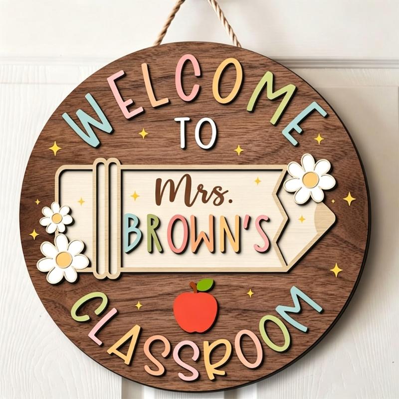 Teacher Door Sign For Classroom Door Decorations Classroom Welcome Sign for Teachers, Wood School Plaque with Rope Cord for First Day Entry Display