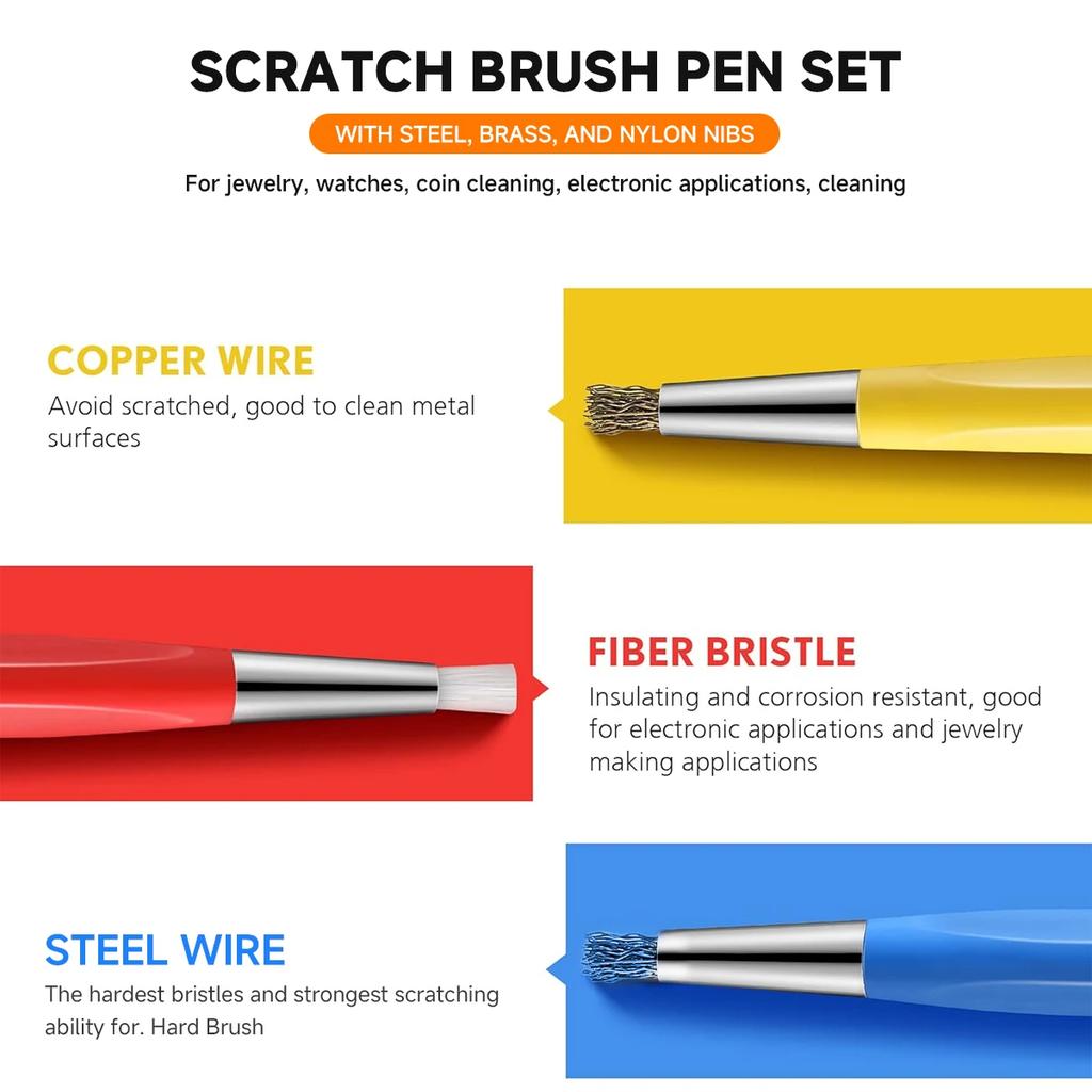 1-3Pcs/Set Scratch Brush Pen Set Brass Steel Fiberglass Tip Rust Removal Cleaning Pen Watch Electronic Cleaning Tool Watchmakers