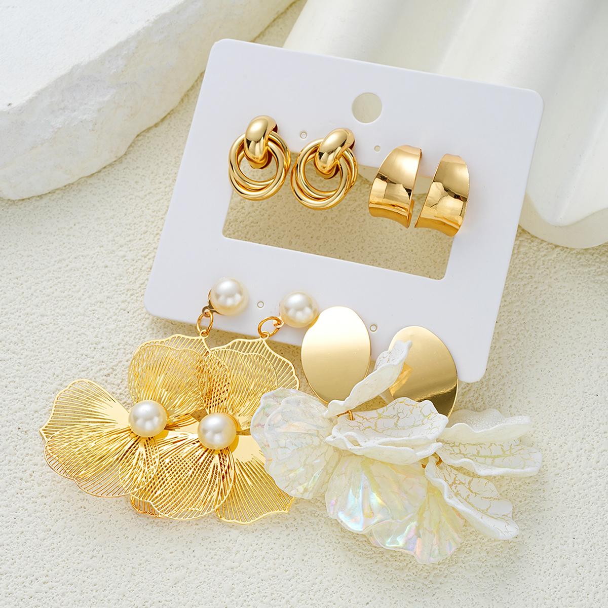 

8pcs Fashion Exaggerated Floral Earrings Set For Women Gold Color Geometric Hollow Design Drop Earrings Daily Wear Jewelry Gifts