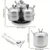 3 pcs Stainless Steel Seasoning Condiment Jars, Revolving Sugar Bowl Coffee Pot Rotating Spice Jar Set with Rack Spice Container with Lid and Spoon