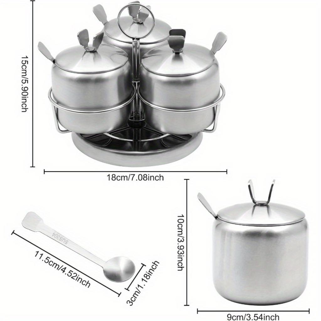 3 pcs Stainless Steel Seasoning Condiment Jars, Revolving Sugar Bowl Coffee Pot Rotating Spice Jar Set with Rack Spice Container with Lid and Spoon