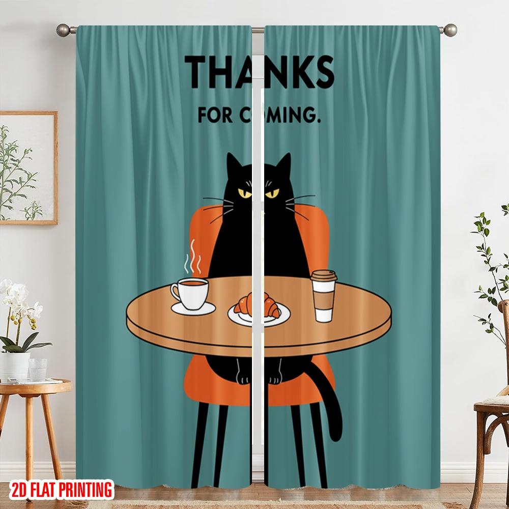 2pcs 2D flat printing Party Window Curtains Cat Coffee Croissant Break Polyester Without Electricity Party Decorations for Home