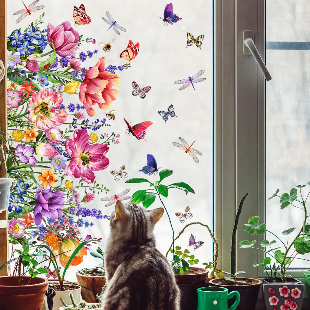 Various Styles of Colorful Butterfly and Floral Static Cling Window Stickers Double-Sided Visible Decorative Window Removable
