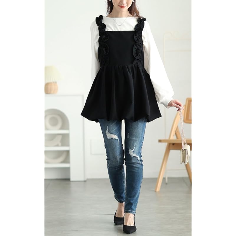 [Gold Japan] Large Size Ladies Tops Tunic Camisole Frills Balloon Peplum Stretch Gather Layered Spring Summer Jp531 5L Black