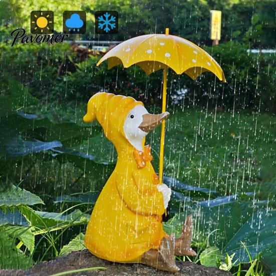 Resin Duck Statue Holding Umbrella Outdoor Garden Yard Yellow Weather-resistant Figurine Animal Sculpture Home Office Decoration Ornament Decor