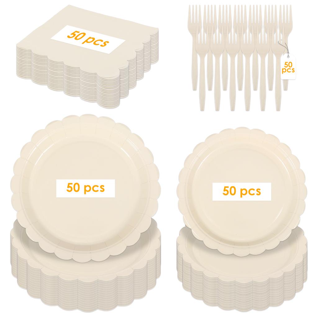 200Pcs Scalloped Edge Tableware Set Party Supplies Thickened Paper Dinnerware with Napkin Plate and Fork for Weddings Tea Party