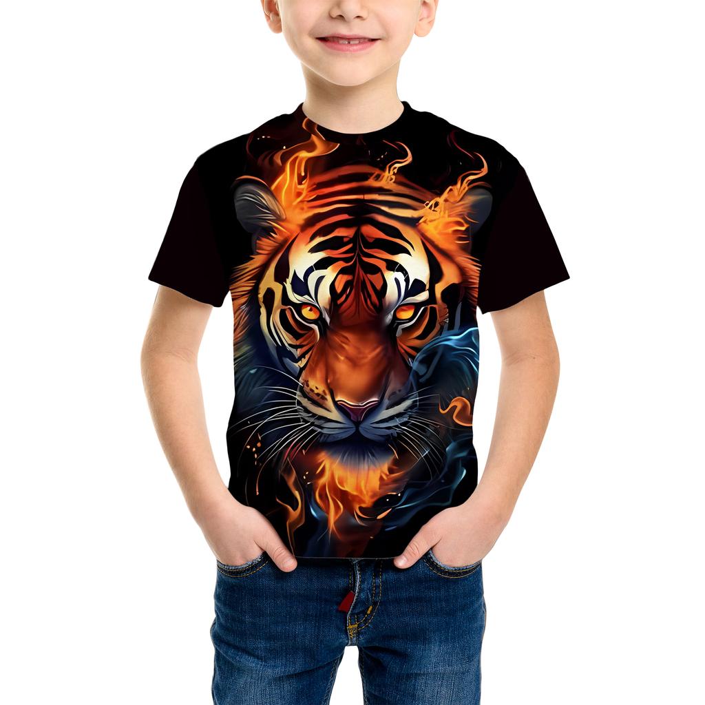 Summer Kids T-shirt Fashion Tiger Dinosaur Graphic 3D Print Kids Short Sleeves T-Shirt Loose Casual Outdoor Boy and Girl Tees Tops