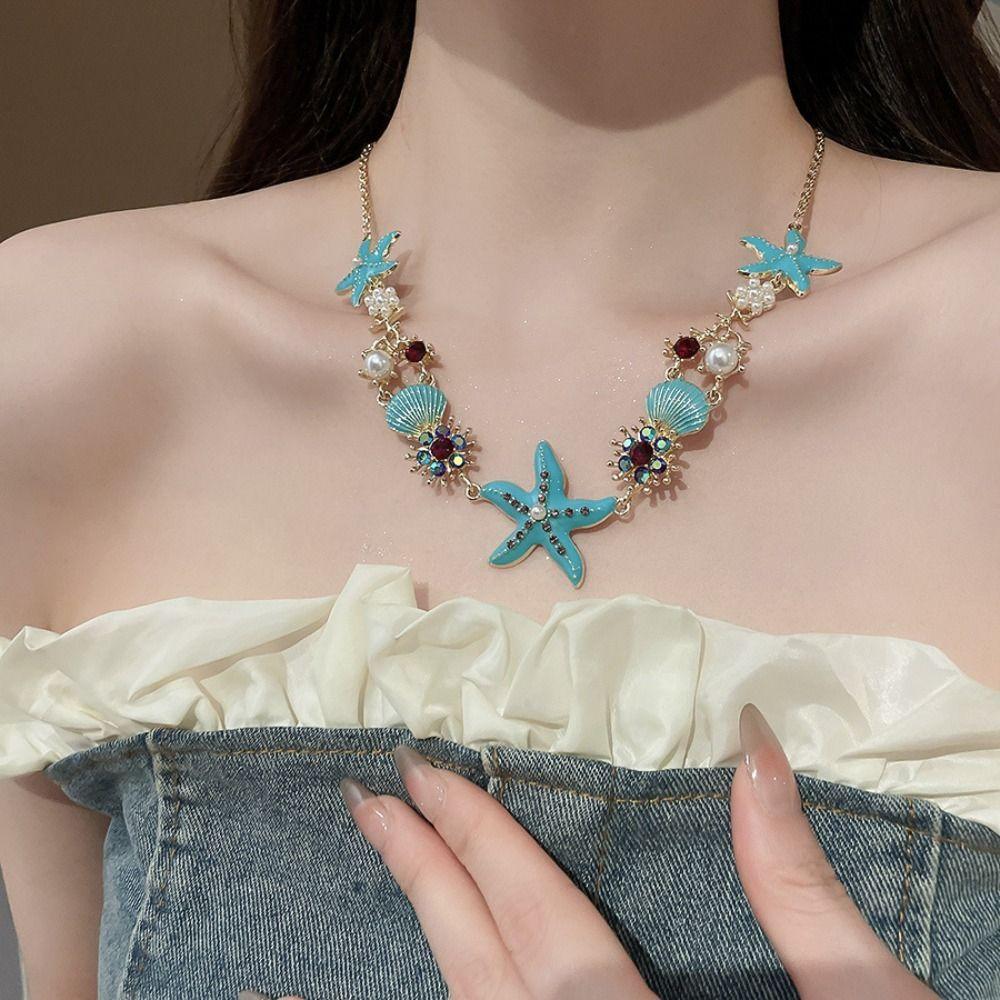 Zinc Zinc Alloy Rhinestone Pearl Shell Starfish Necklace Ornaments Starfish Beach Bracelet  Girls Couple Gift