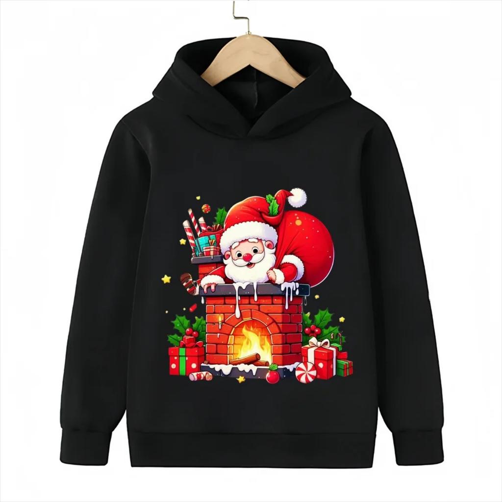 2025 Christmas Cute Christmas Chimney Festival Dress Up Girl Autumn/Winter Hoodie Hoodie Suitable for Children Aged 4-14 Warm Top