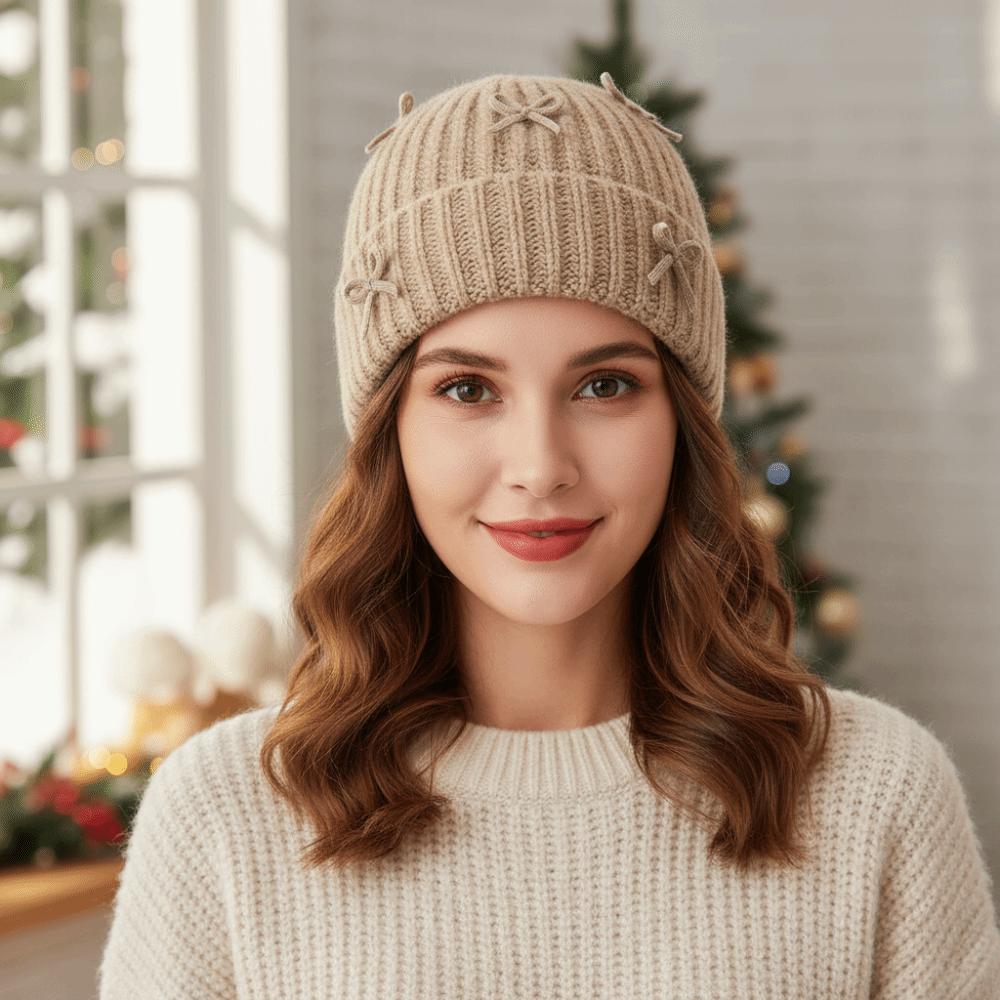 Bowknot Knitted Beanie Hat Thick Korean Sweet Bow Hat Fashion Woolen Pullover Hat Girls