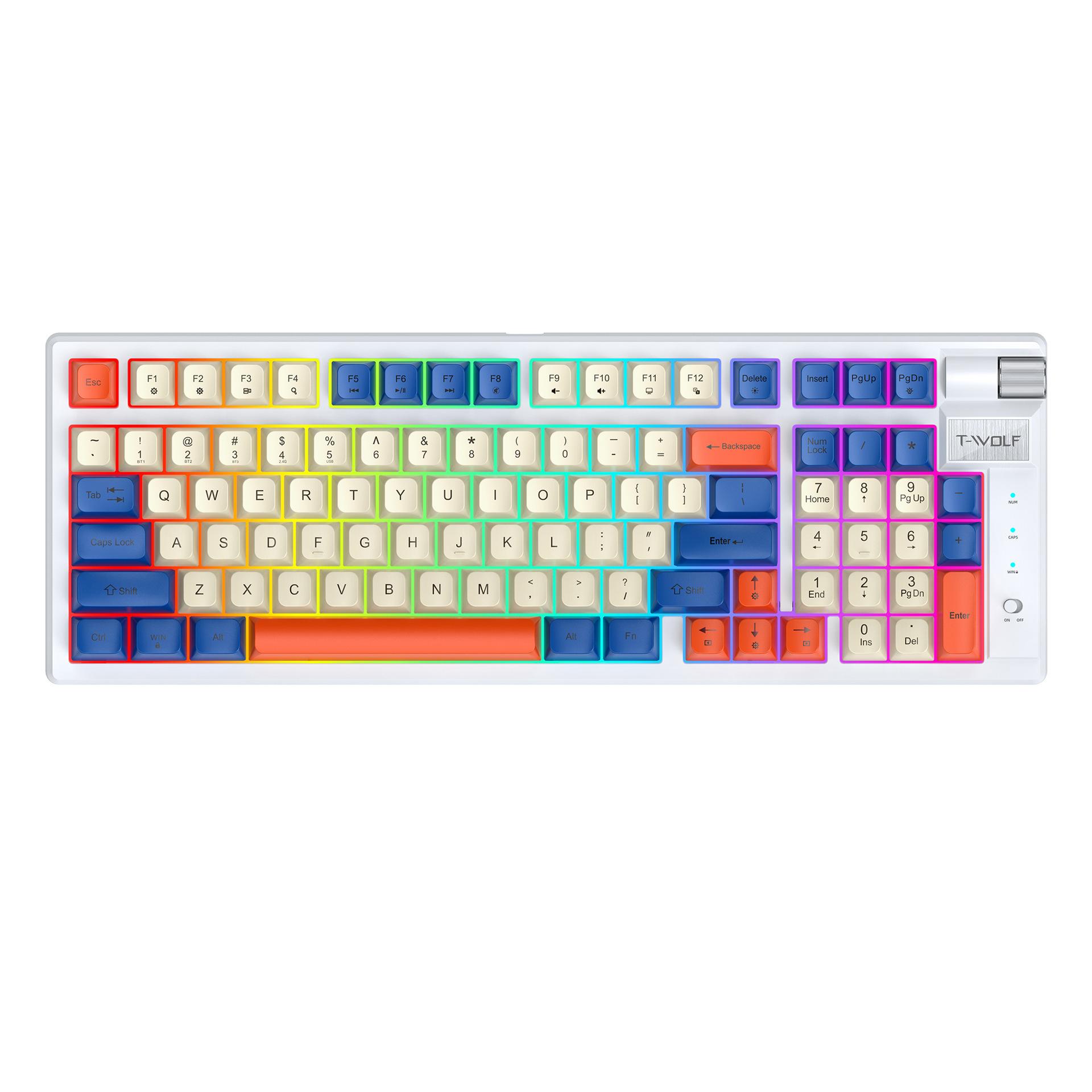 

T-WOLF T70 Bluetooth-compatible/Wired/2.4G Wireless Keyboard RGB Backlit 97-Key Mechanical Keyboard White+Blue