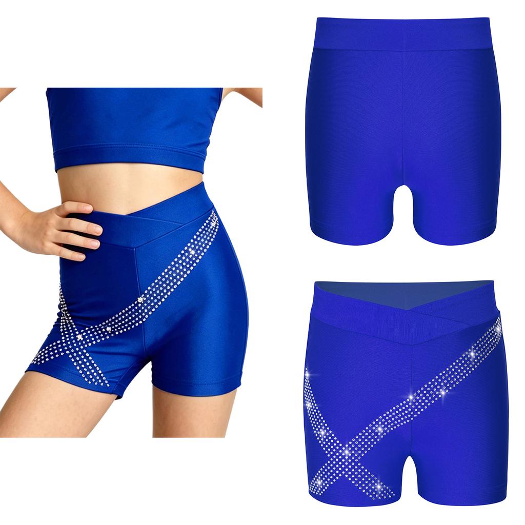 Girls Rhinestone Shorts V Front Elastic Waistband Sparkly Figure Skating Gymnastics Dance Performance Competition