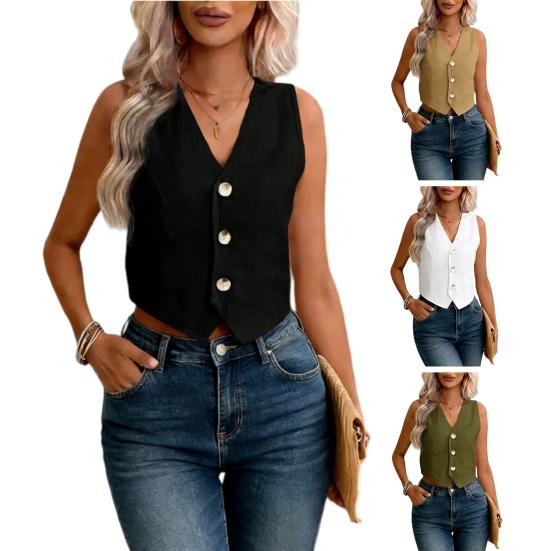 Linen Vest Top for Women Casual Slim Fit Sleeveless Button Down Waistcoat V