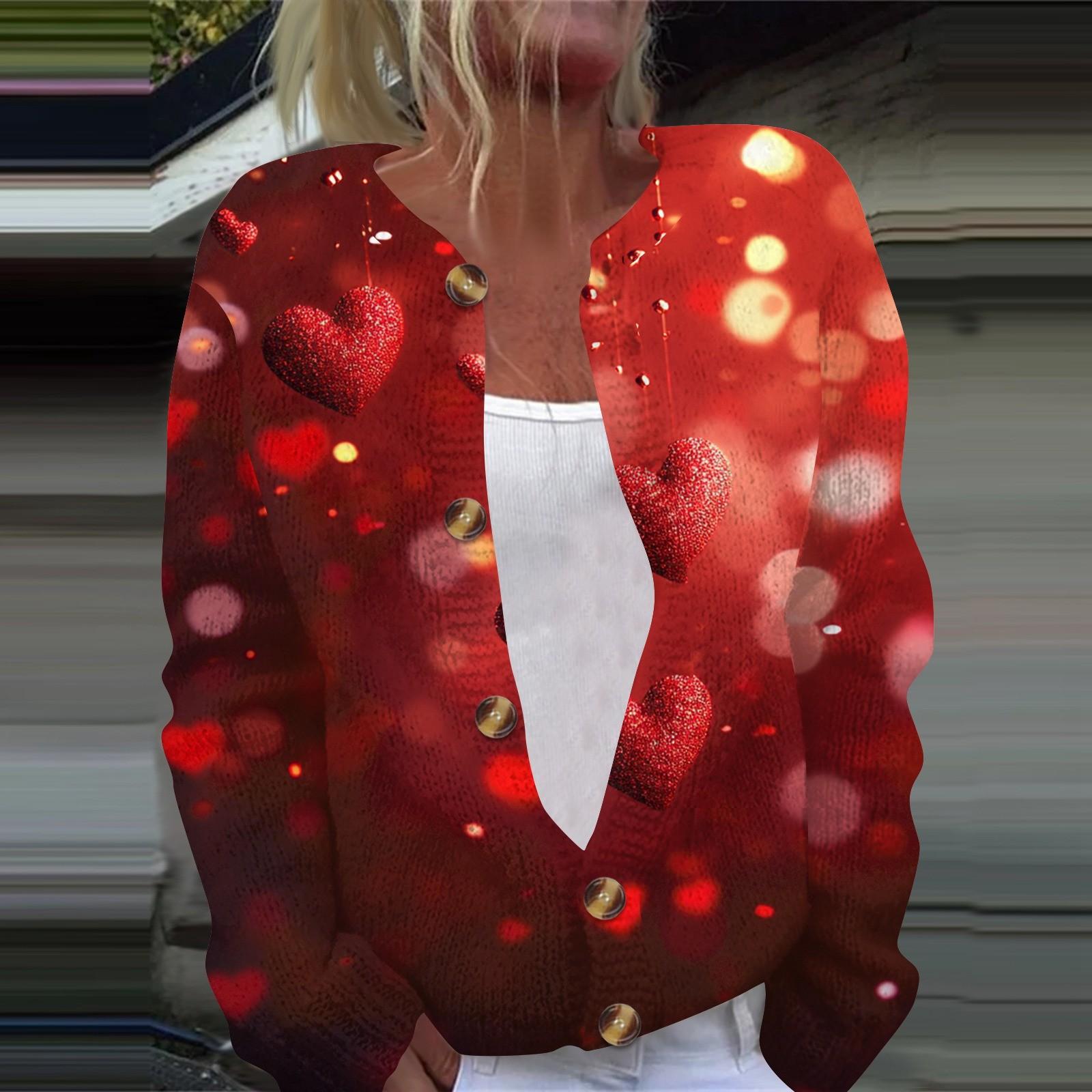 

Женская мода День святого Валентина Сердце Принт Длинный рукав Вязаный кардиган Куртка на пуговицах XXXXXL красный