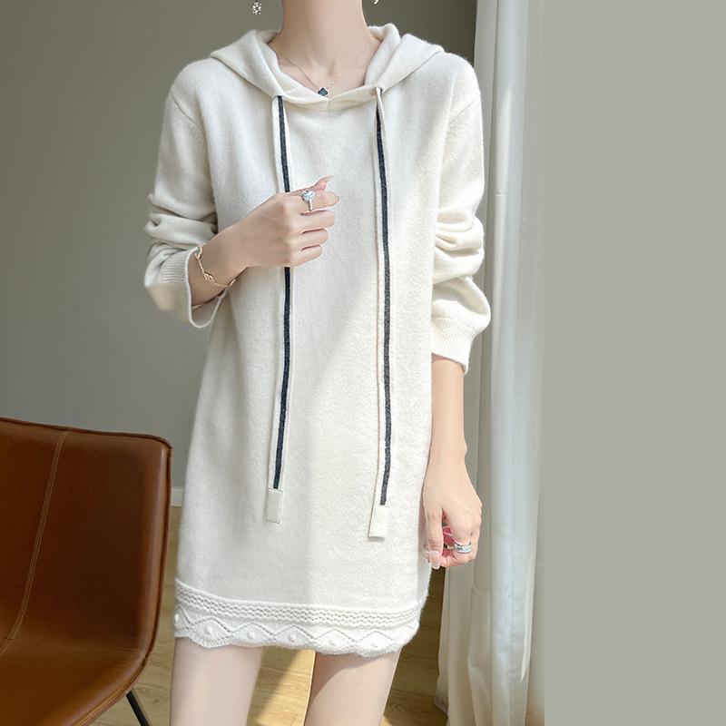 Autumn And Winter New Wool Hooded Knitted Dress Long-Sleeved Women'S Solid Color Soft Waxy Warm Medium And Long Dress