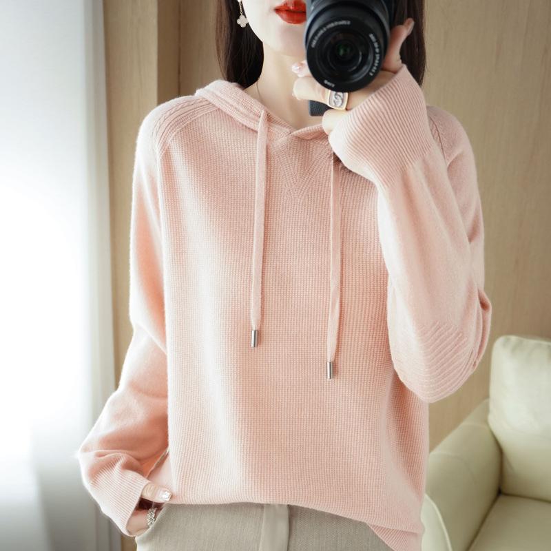 INDFS Женская мода повседневная осень-зима однотонный принт длинный рукав с капюшоном свитера S розовый 2363₽