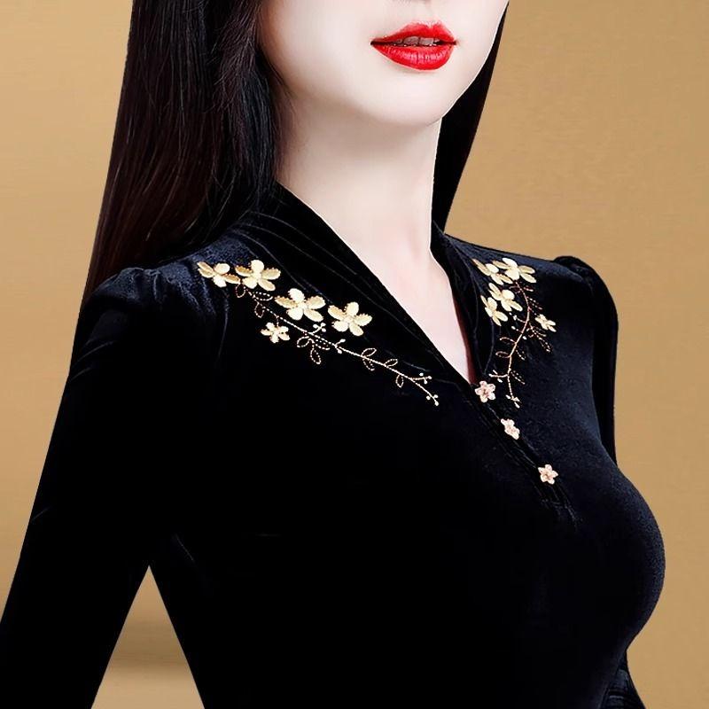 Sametové Zesílené Černo-Zlaté Spodní Tričko pro Ženy Nový Podzim a Zima Západní Styl Vnitřní Top