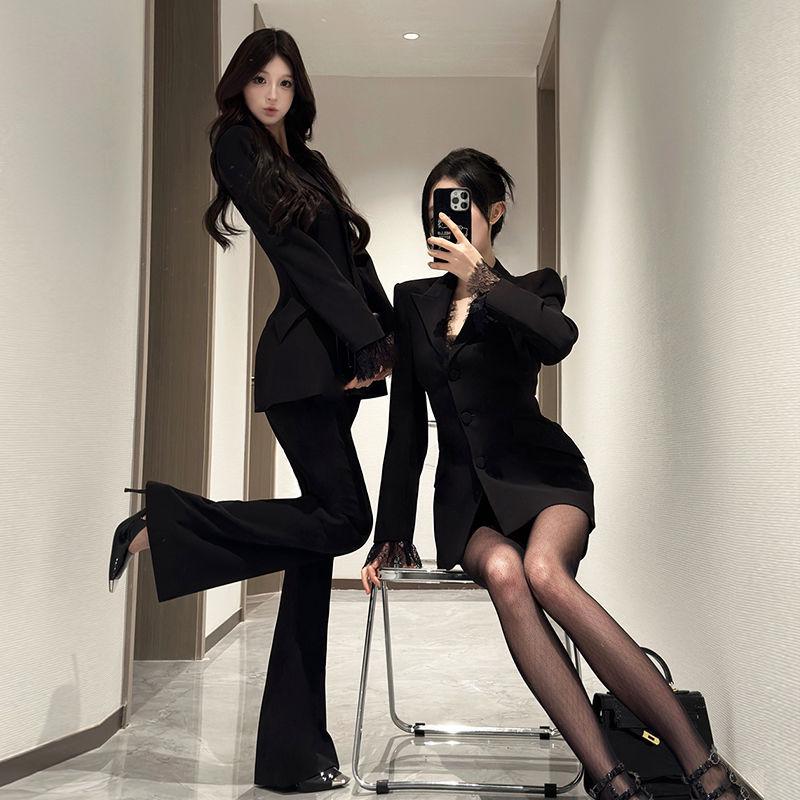 

Manxuan Women s Black Lace Patchwork Suit: Long Sleeve Jacket & Pants Set for Autumn/Winter M 95-105 jin