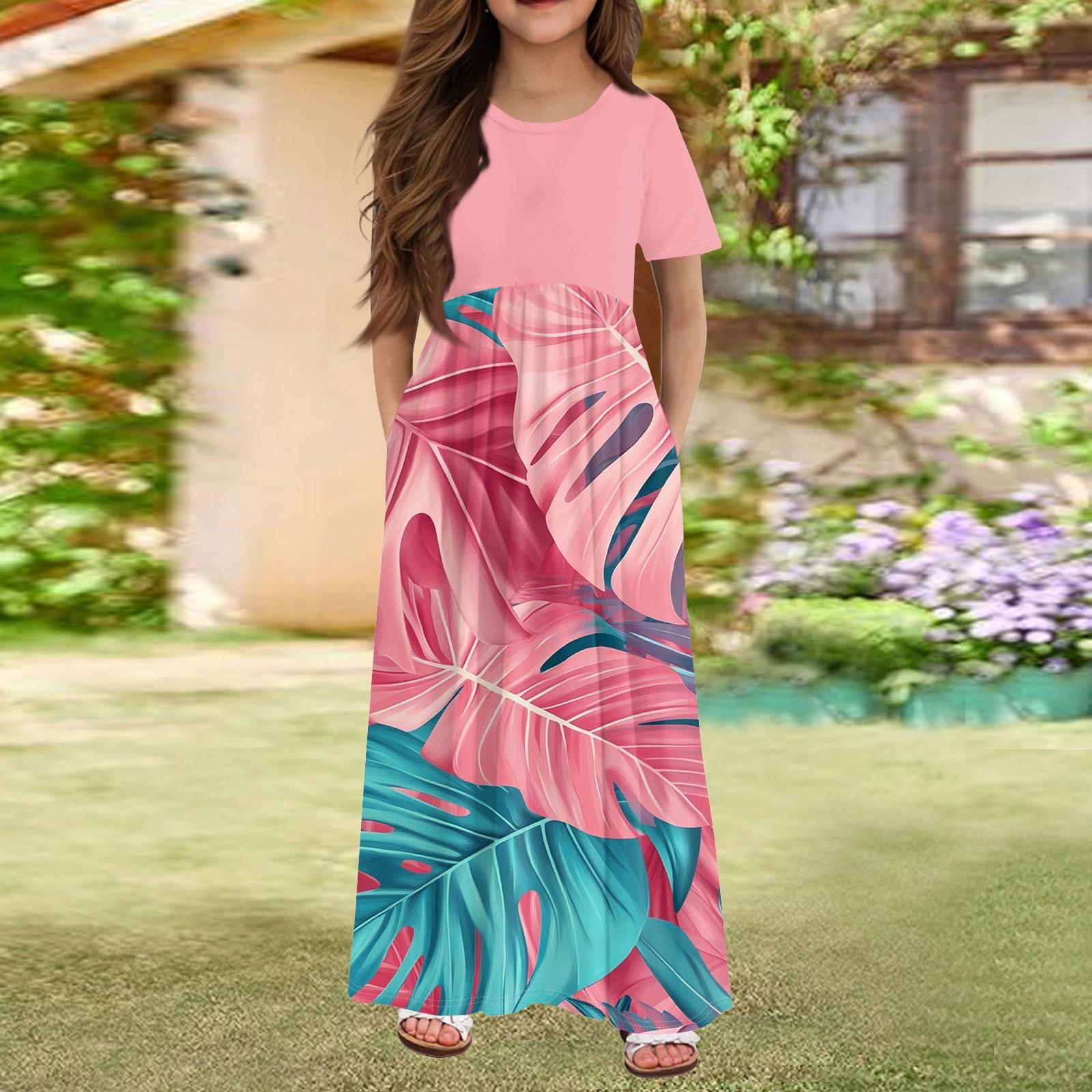 

Длинное летнее платье для девочек - платье макси с короткими рукавами и карманами для детей 4-14 лет 140 розовый