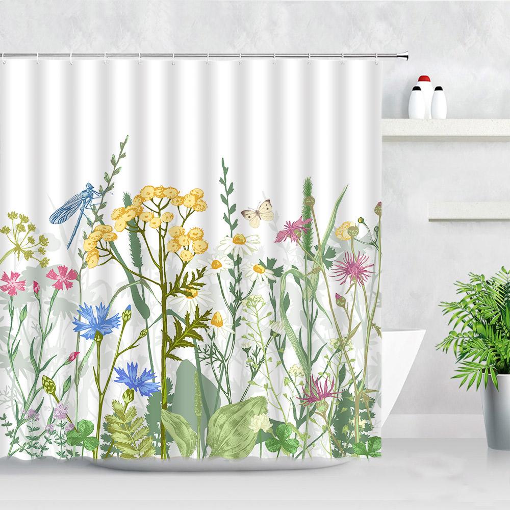 Butterfly Flower Shower Curtain Watercolor Plant Printed Bathroom Curtain Pretty Wildflower Pattern Bath Curtain With Hooks