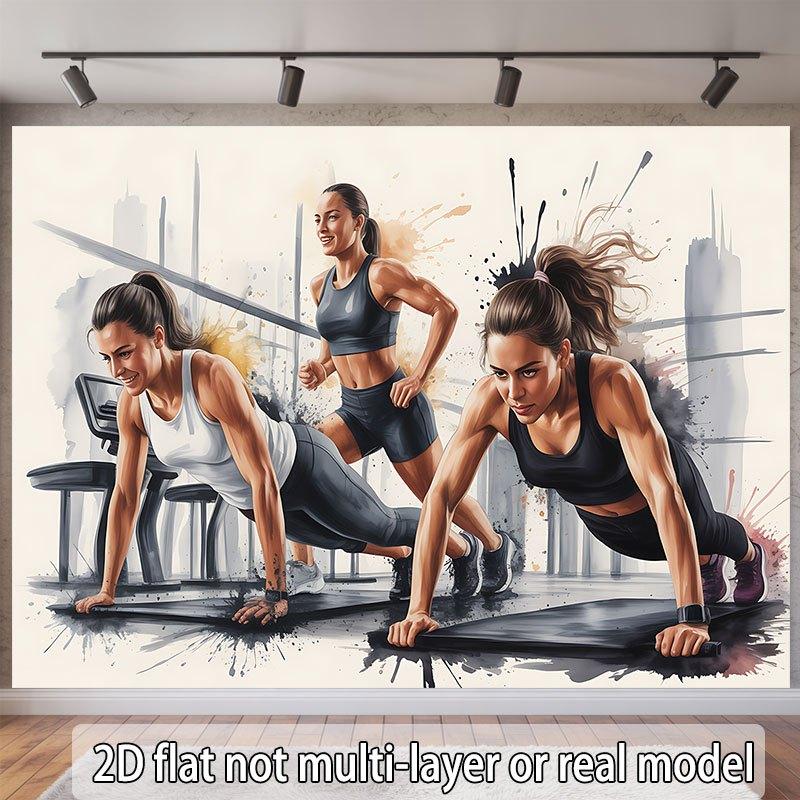 2D flat banner depicting a woman exercising in a gym environment suitable for various occasions.PMJ