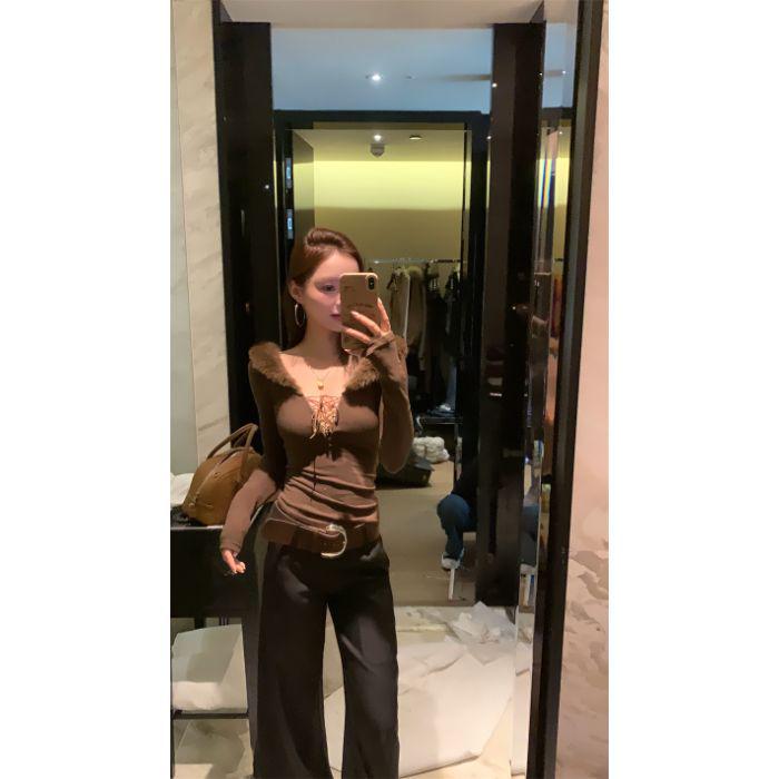 Women's Slim Fit Fur Collar Long Sleeve Top with Tie – Autumn/Winter Chic