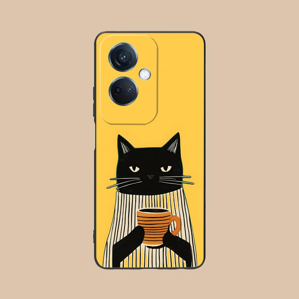 Cute Coffee Cat Matte TPU Mobile Phone Case for OPPO Reno 14 13 12 11 10 9 8 7 6 5 F T Pro 5G Colorful Printing Cover