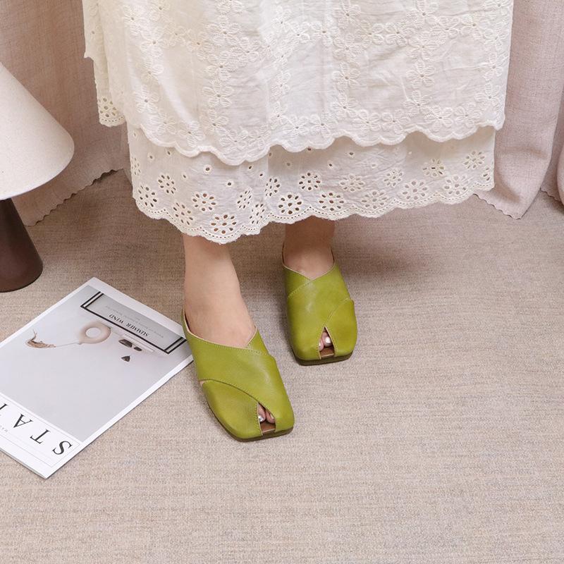 Johnature Papuci cu degetul pătrat din piele naturală Pantofi pentru femei Pantofi casual pentru exterior Pantofi confort papuci