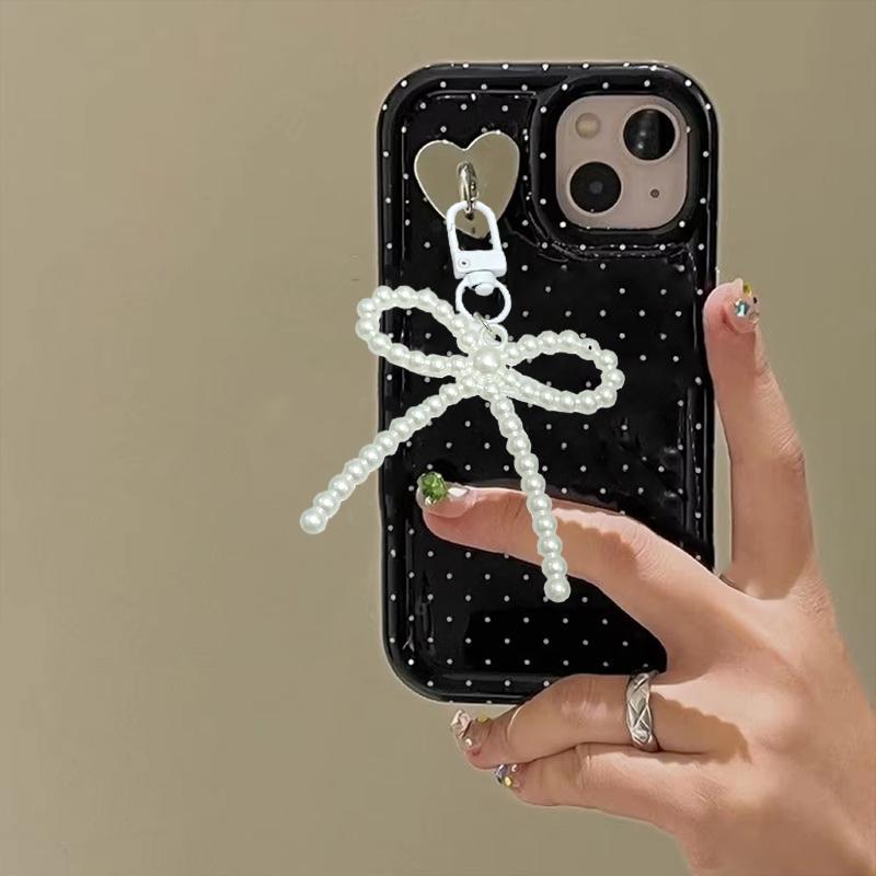 1PC Korean-Style Minimalist Phone Case Versatile Faux Pearl Dainty Keychain Trendy Bow Chic Charm Elegant 10x6cm