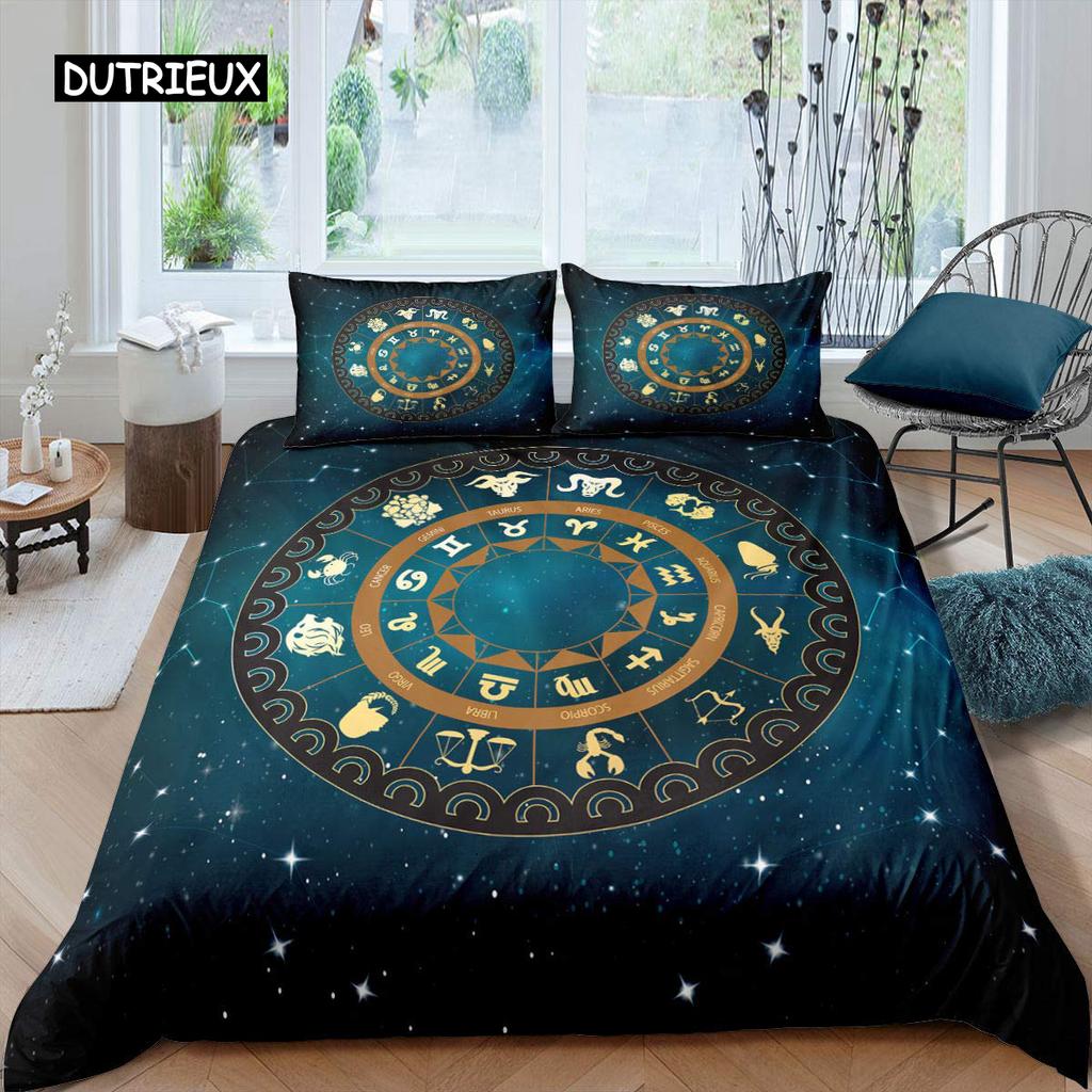 Constellation Duvet Cover Set Golden Pattern Comforter Cover Zodiac Signs Starry Sky Animal Queen Size Quilt Cover for Boy Men