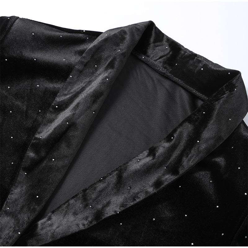 Velvet Diamond Decorated Black Blazer Woman Loose V-neck Suit Coat Fashion Casual Full Sleeve Solid Jacket Commute Spring Autumn