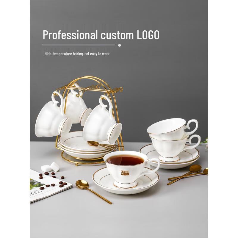 HANDUNYOU Exquisite Gold Rim Coffee Cup & Saucer Set with Rack
